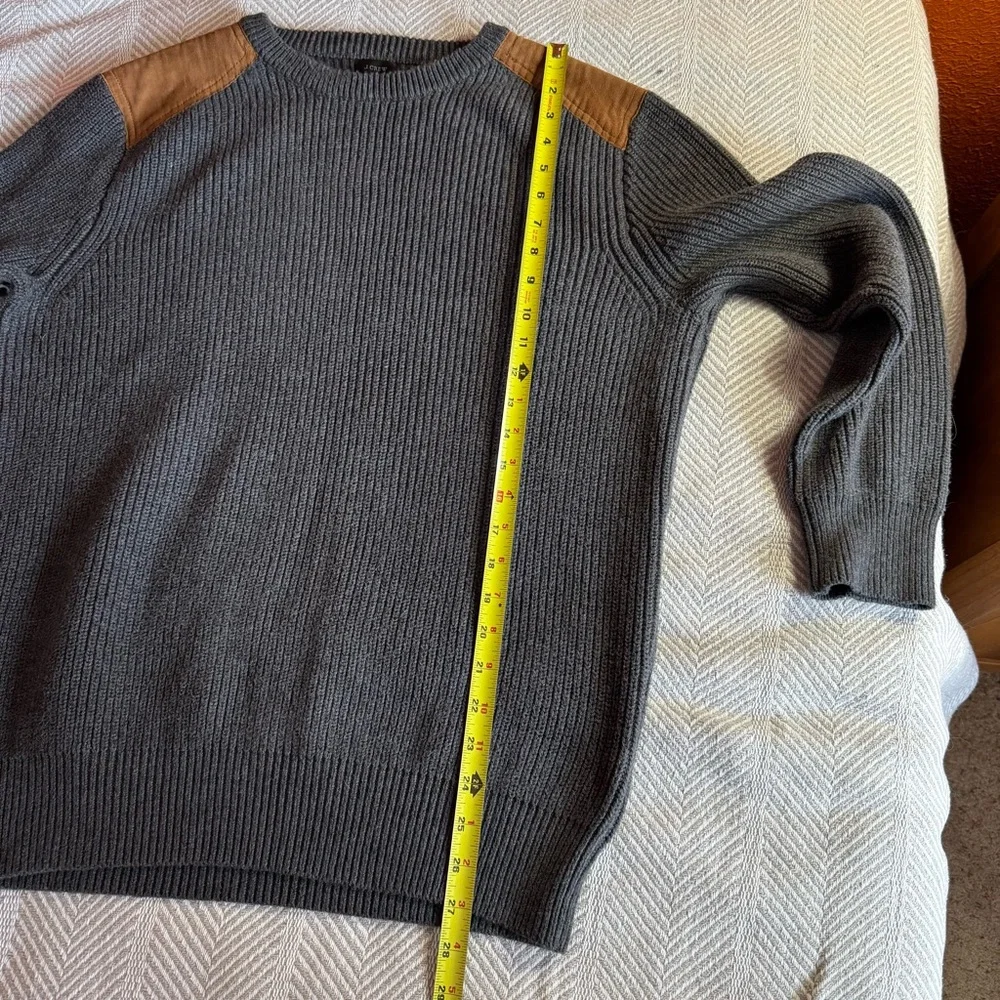 Men's J Crew Cotton Crewneck Sweater Genuine Leather‎ Patches Gray Size L